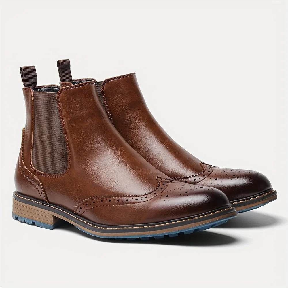 Preston | Men's Brogue Wingtip Round-Toe Slip-On Chelsea Boots