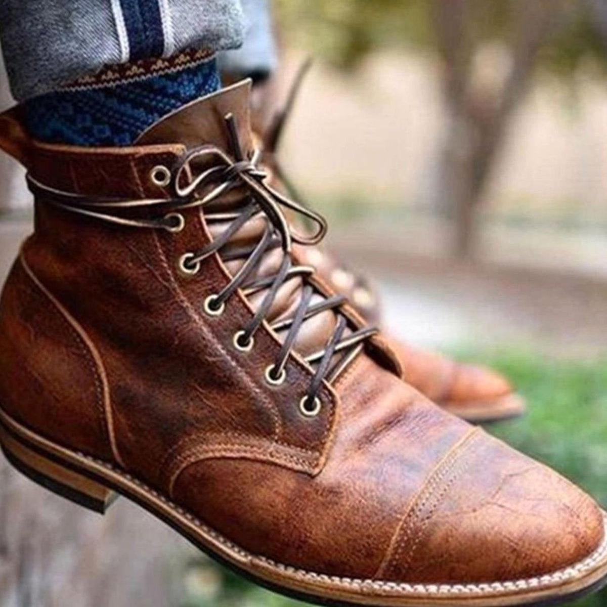 Harrison | Men's Cap-Toe Lace-Up Distressed Vegan Leather Ankle Boots