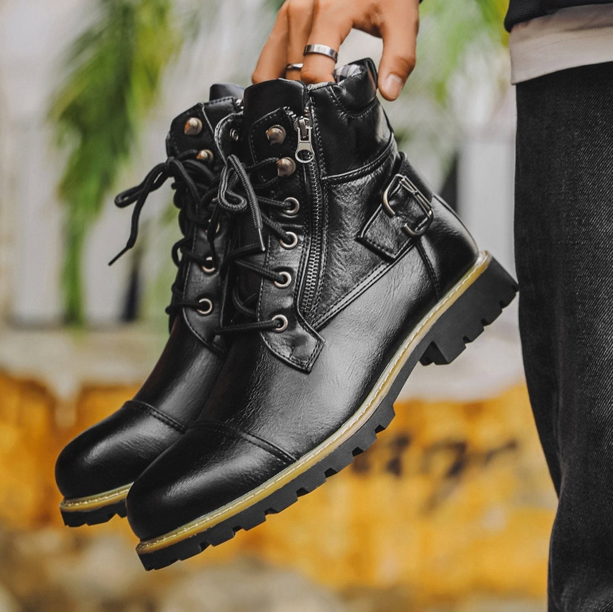 Marlow | Men's Cap-Toe Lace-Up Side-Zip Buckle-Strap Vegan Leather Ankle Boots