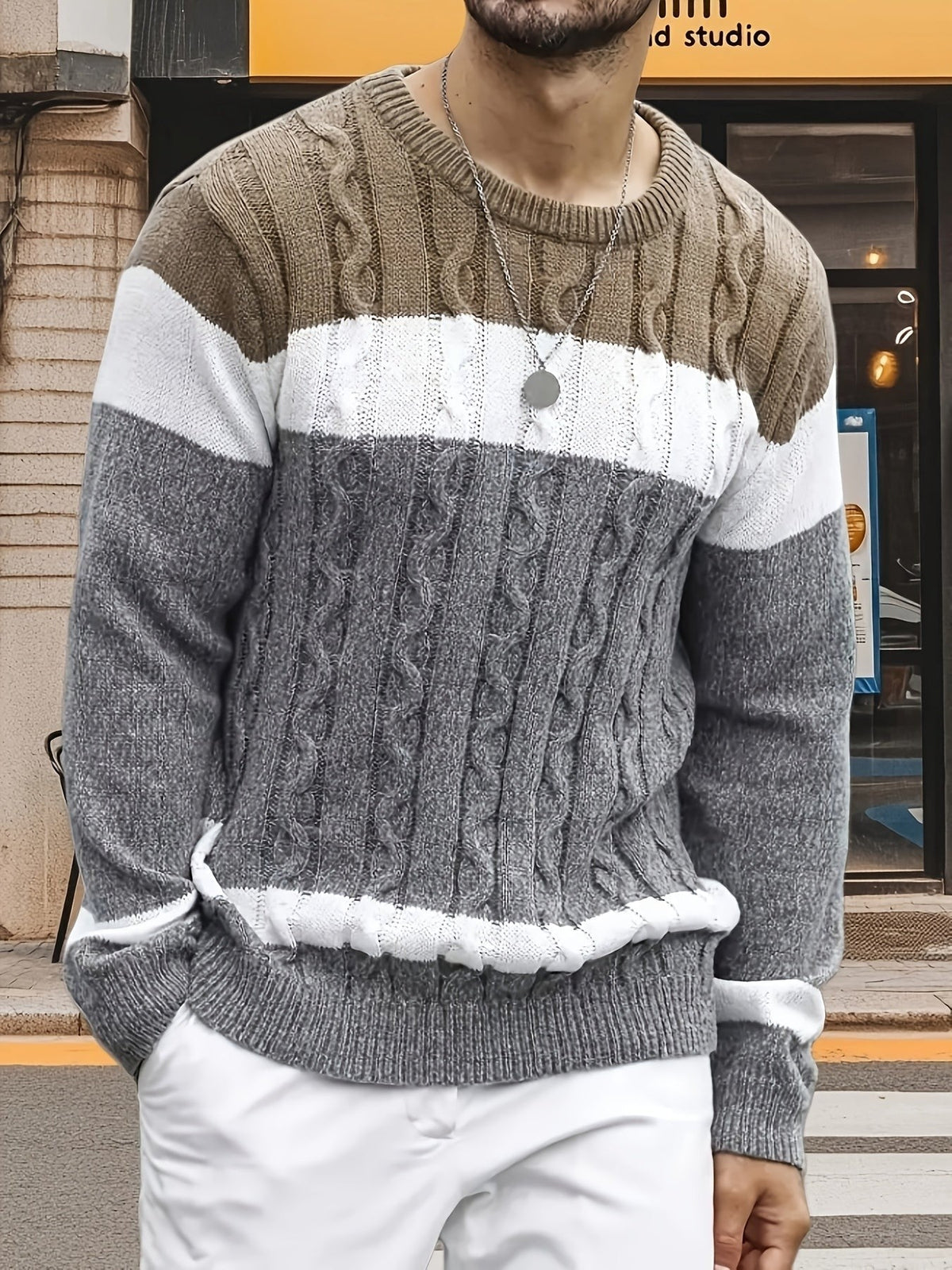 Bradley | Men's Colour-Block Cable-Knit Crew Neck Jumper