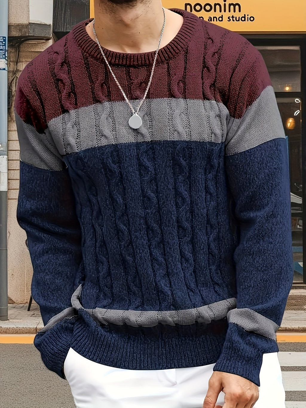 Bradley | Men's Colour-Block Cable-Knit Crew Neck Jumper