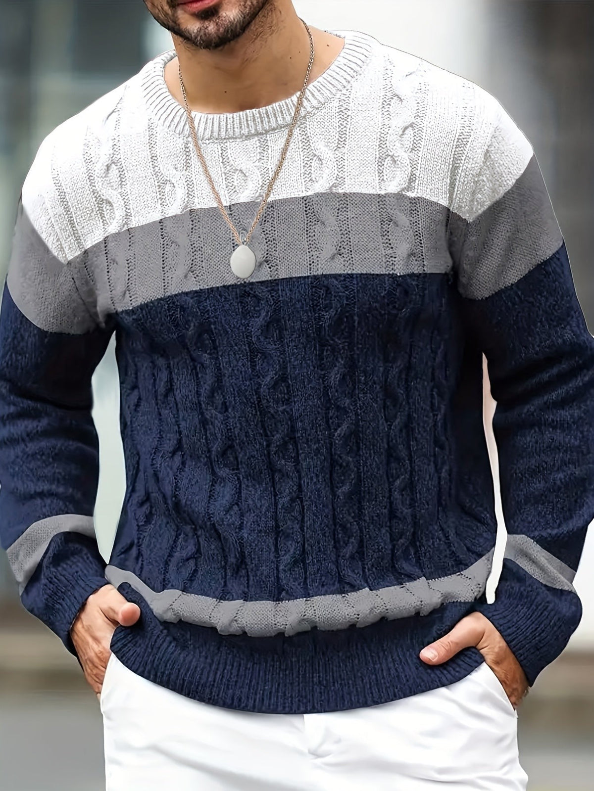 Bradley | Men's Colour-Block Cable-Knit Crew Neck Jumper