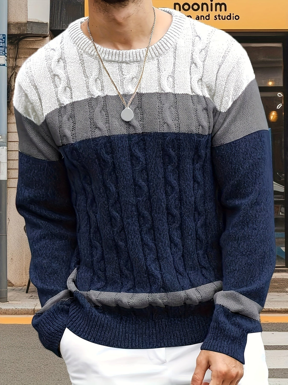 Bradley | Men's Colour-Block Cable-Knit Crew Neck Jumper