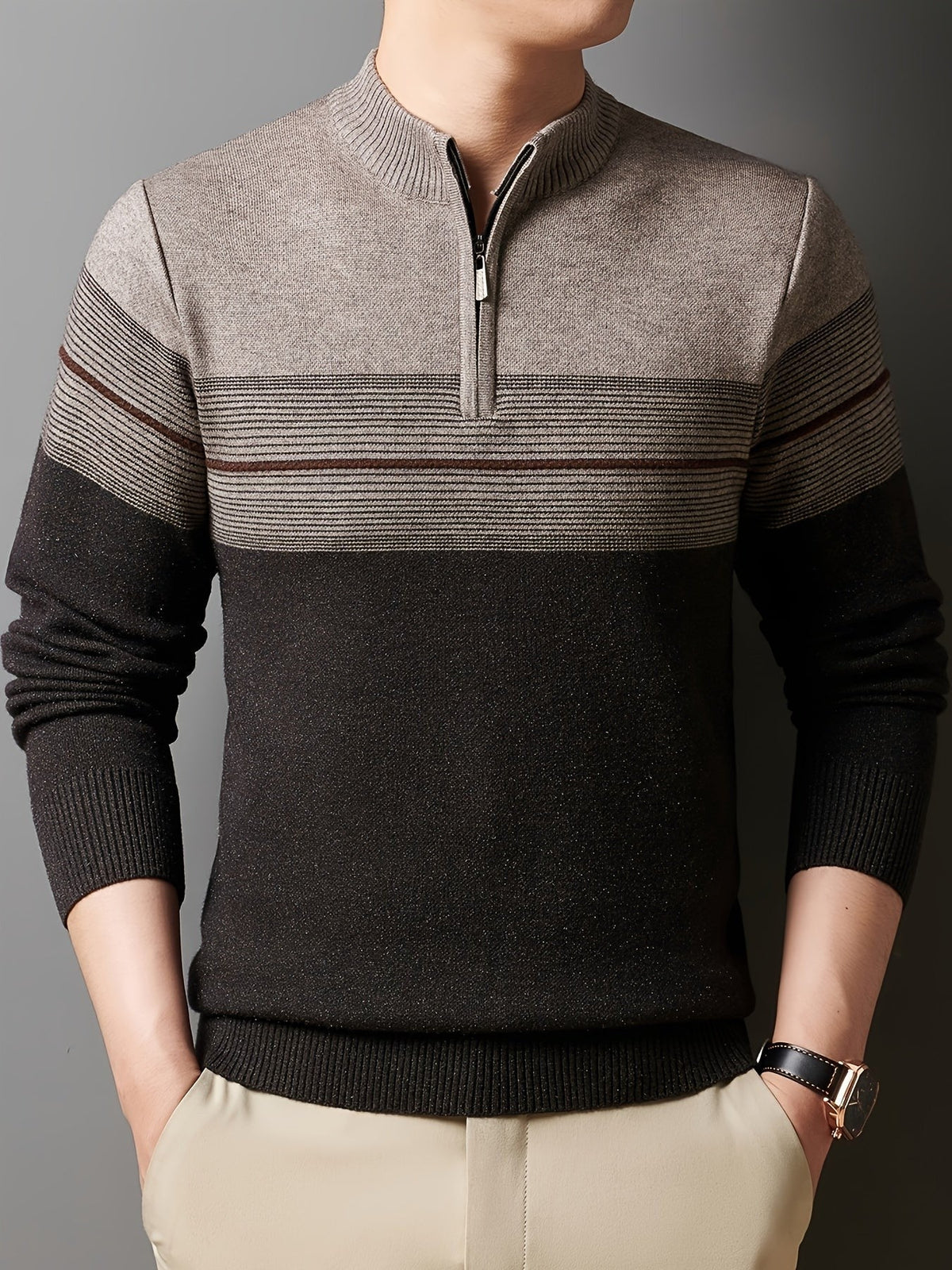Ambrose | Men's Colour-Block Striped Funnel Neck Half-Zip Jumper