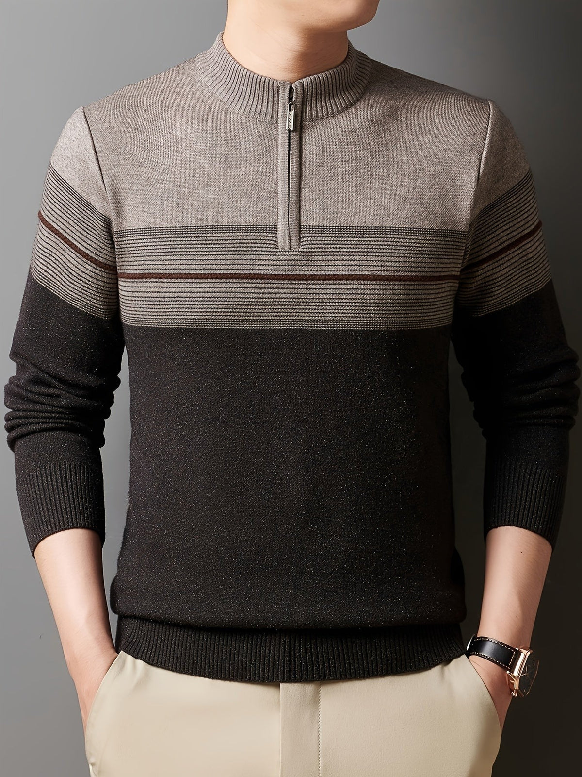 Ambrose | Men's Colour-Block Striped Funnel Neck Half-Zip Jumper