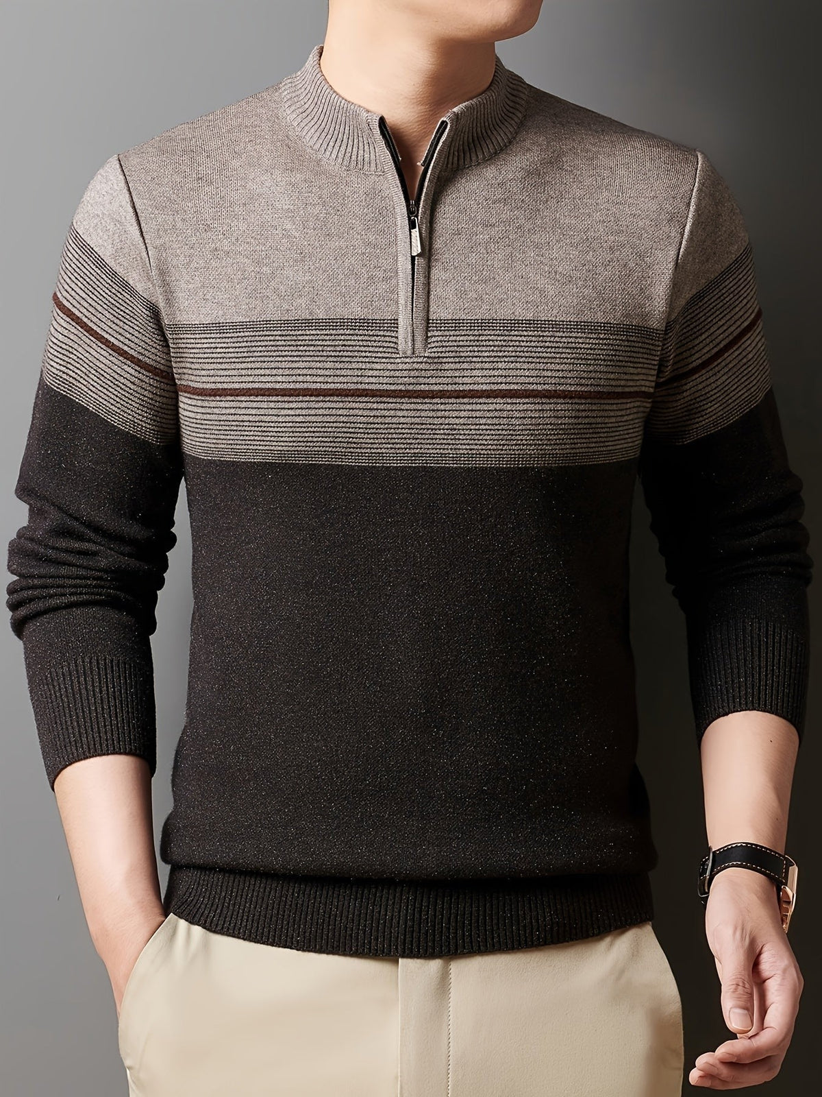 Ambrose | Men's Colour-Block Striped Funnel Neck Half-Zip Jumper