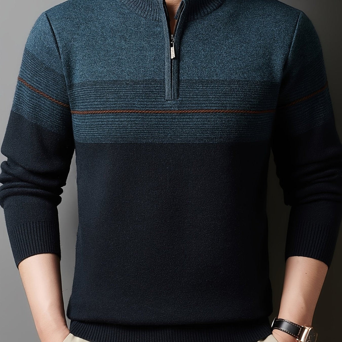 Ambrose | Men's Colour-Block Striped Funnel Neck Half-Zip Jumper