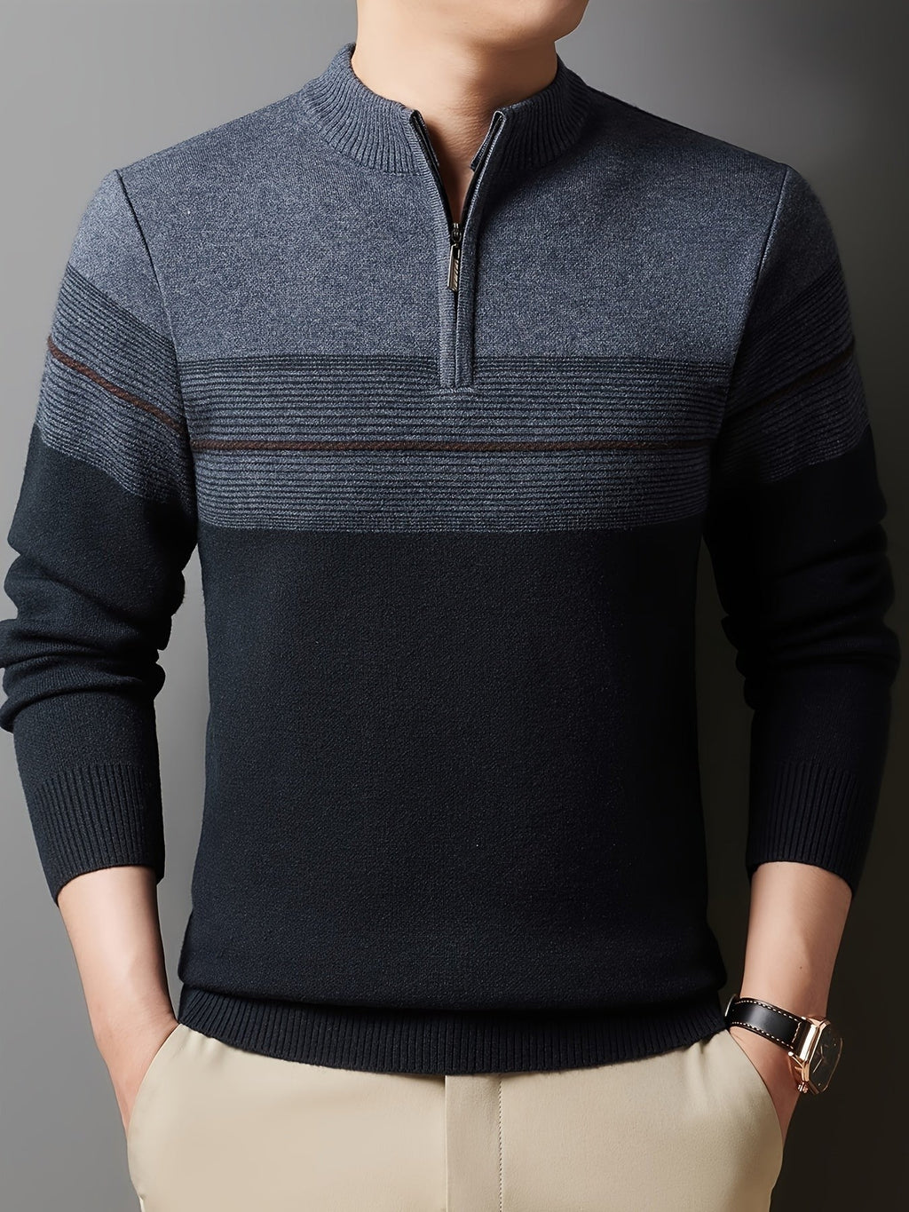 Ambrose | Men's Colour-Block Striped Funnel Neck Half-Zip Jumper