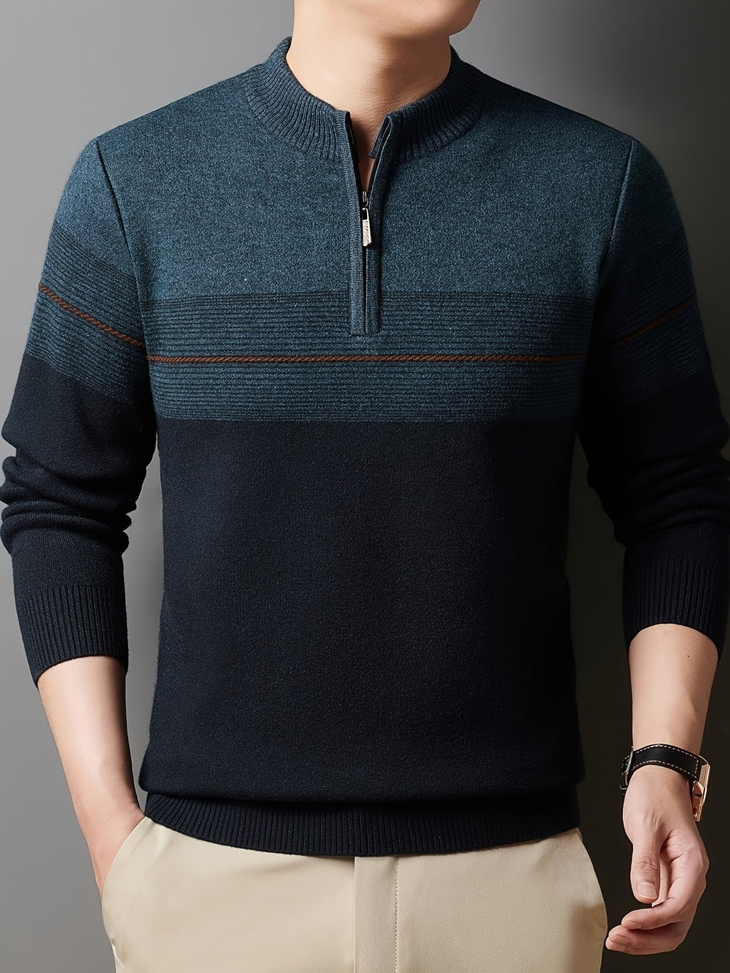 Ambrose | Men's Colour-Block Striped Funnel Neck Half-Zip Jumper