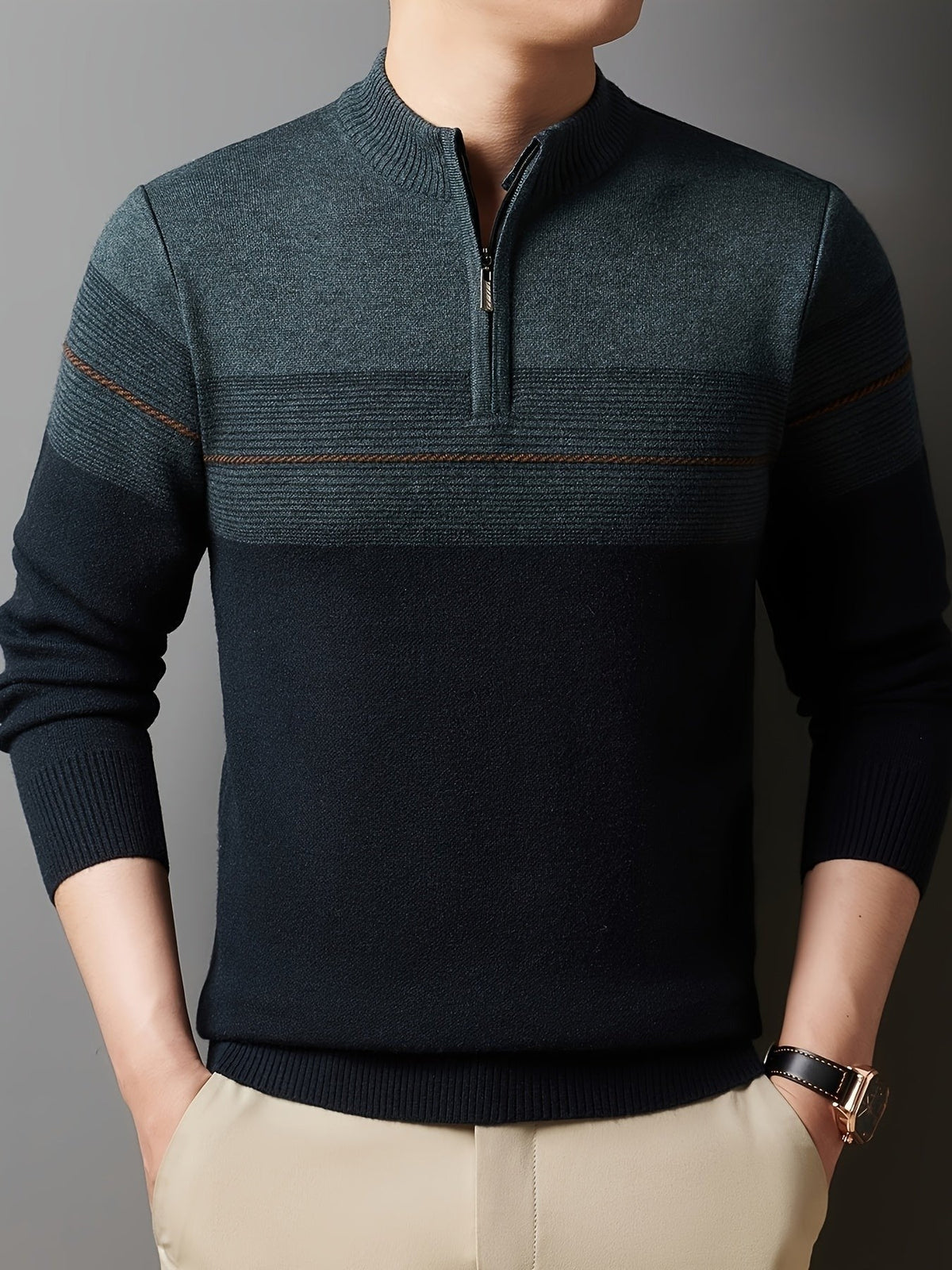 Ambrose | Men's Colour-Block Striped Funnel Neck Half-Zip Jumper