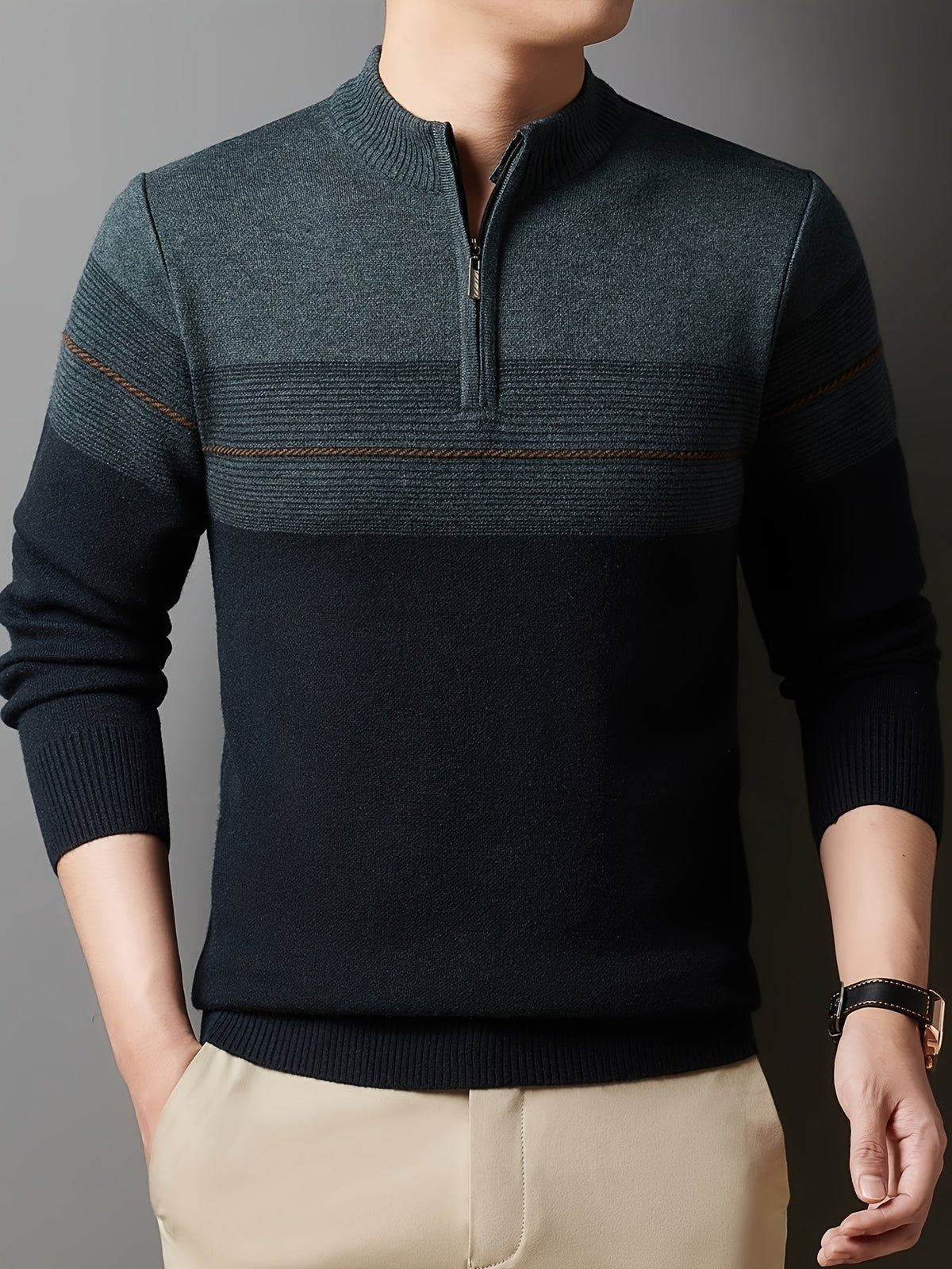 Ambrose | Men's Colour-Block Striped Funnel Neck Half-Zip Jumper