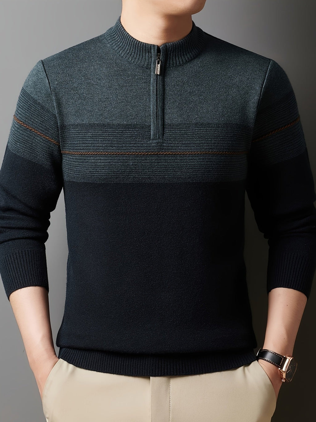 Ambrose | Men's Colour-Block Striped Funnel Neck Half-Zip Jumper