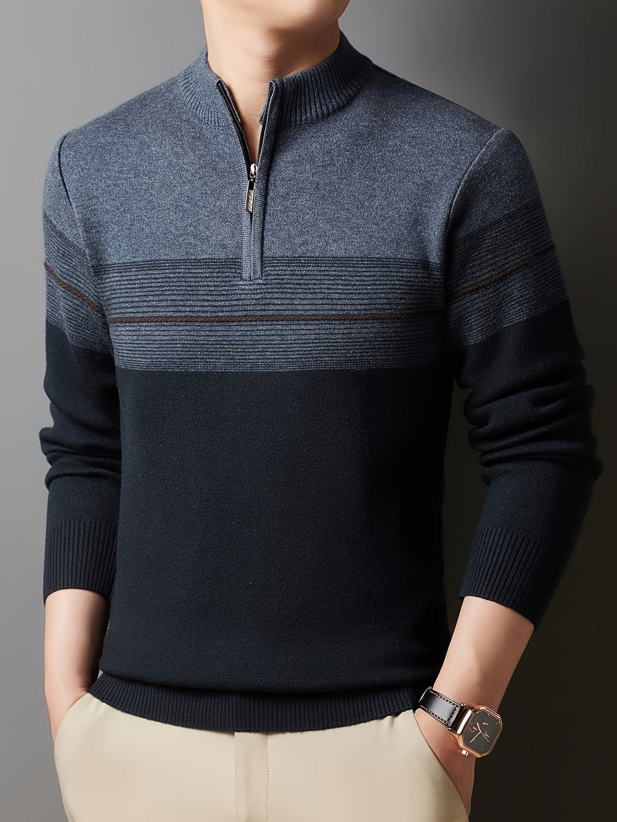 Ambrose | Men's Colour-Block Striped Funnel Neck Half-Zip Jumper