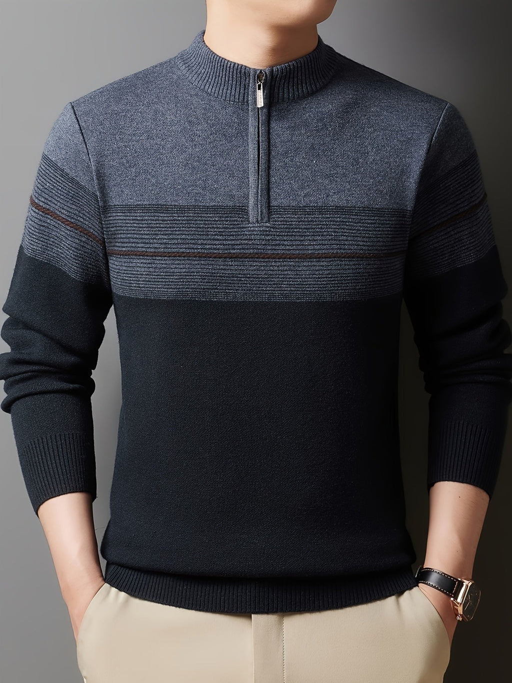 Ambrose | Men's Colour-Block Striped Funnel Neck Half-Zip Jumper