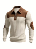 Callum | Men's Colour-Block Vegan Leather Trim Quarter-Zip Elbow-Patch Jumper