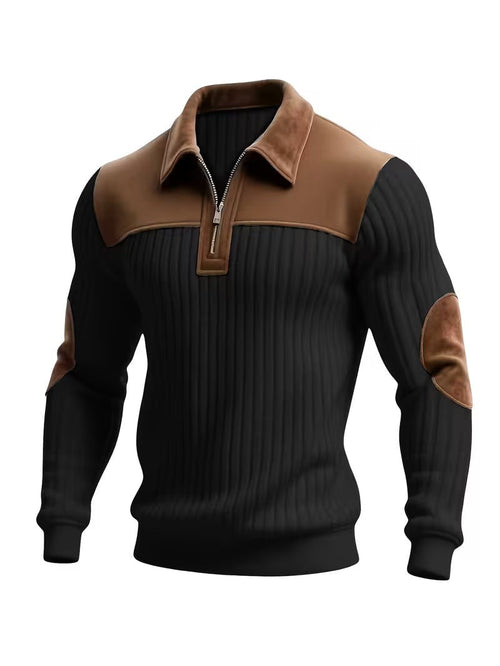 Callum | Men's Colour-Block Vegan Leather Trim Quarter-Zip Elbow-Patch Jumper