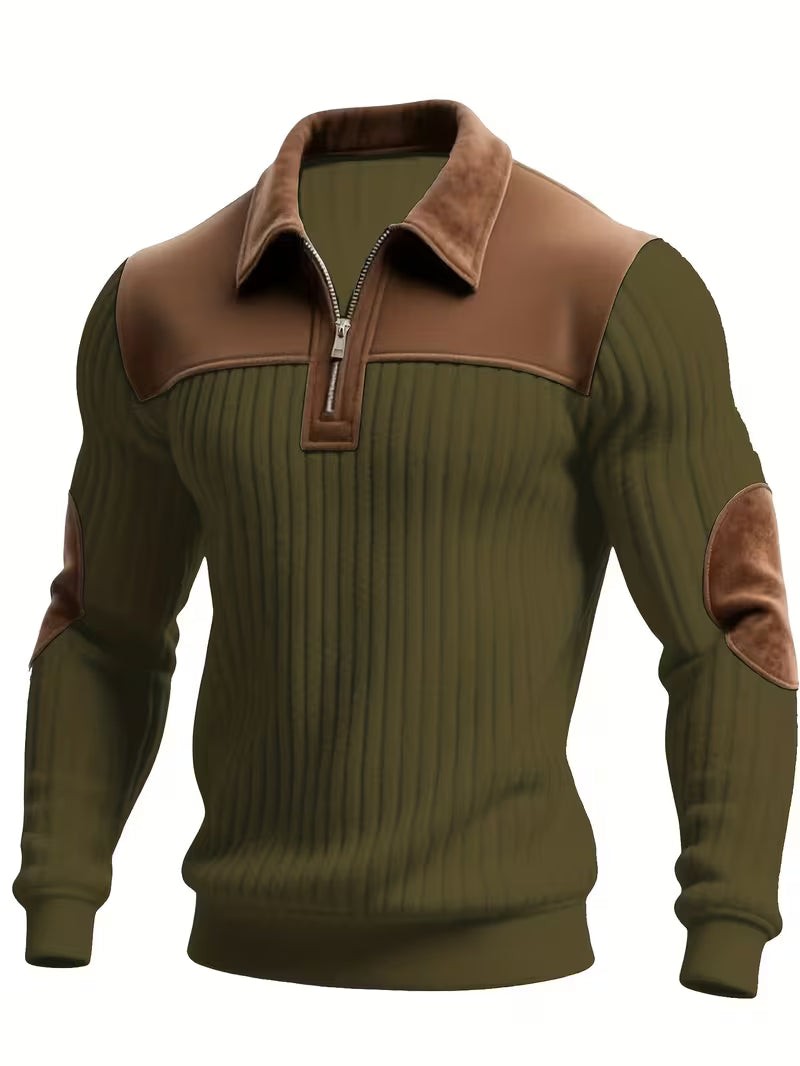 Callum | Men's Colour-Block Vegan Leather Trim Quarter-Zip Elbow-Patch Jumper