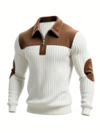 Callum | Men's Colour-Block Vegan Leather Trim Quarter-Zip Elbow-Patch Jumper