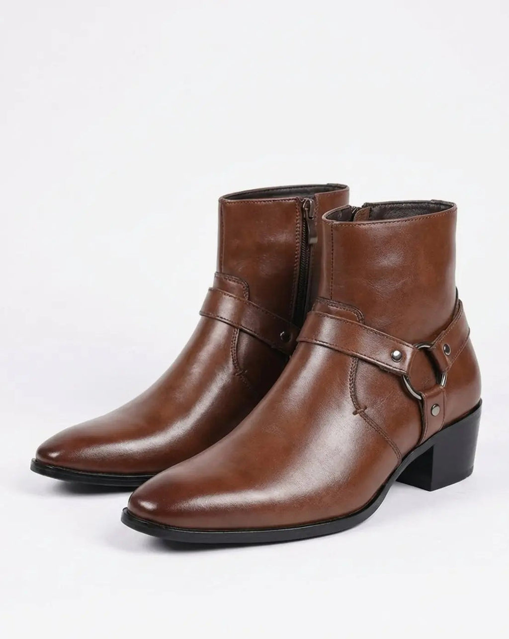 Dalton | Men's Pointed-Toe Harness-Strap Block-Heel Vegan Leather Ankle Boots