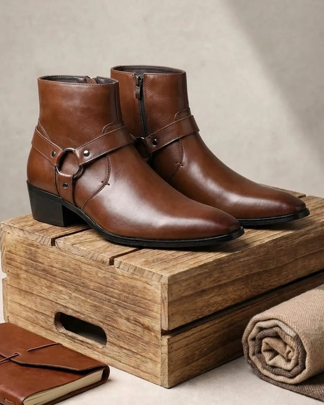 Dalton | Men's Pointed-Toe Harness-Strap Block-Heel Vegan Leather Ankle Boots