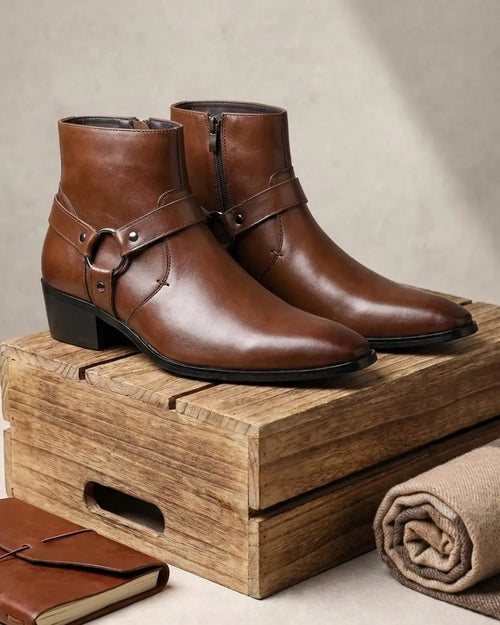 Dalton | Men's Pointed-Toe Harness-Strap Block-Heel Vegan Leather Ankle Boots