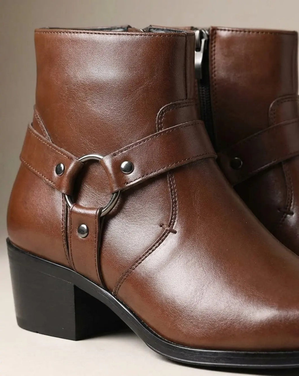 Dalton | Men's Pointed-Toe Harness-Strap Block-Heel Vegan Leather Ankle Boots