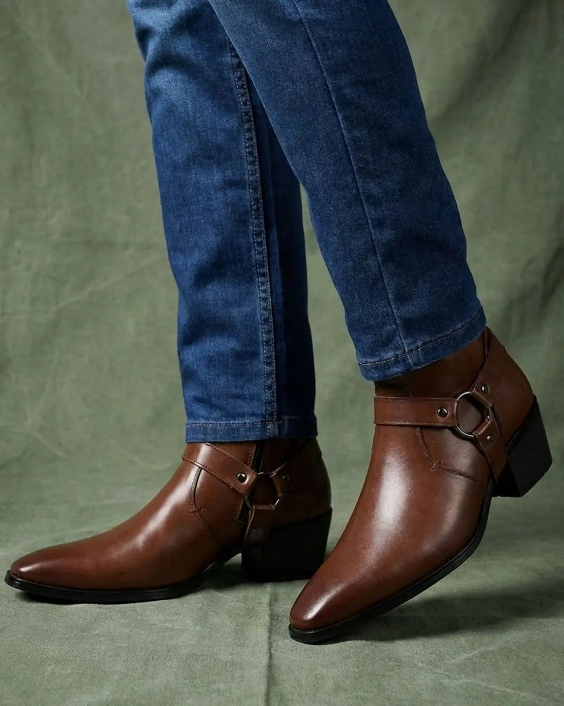 Dalton | Men's Pointed-Toe Harness-Strap Block-Heel Vegan Leather Ankle Boots