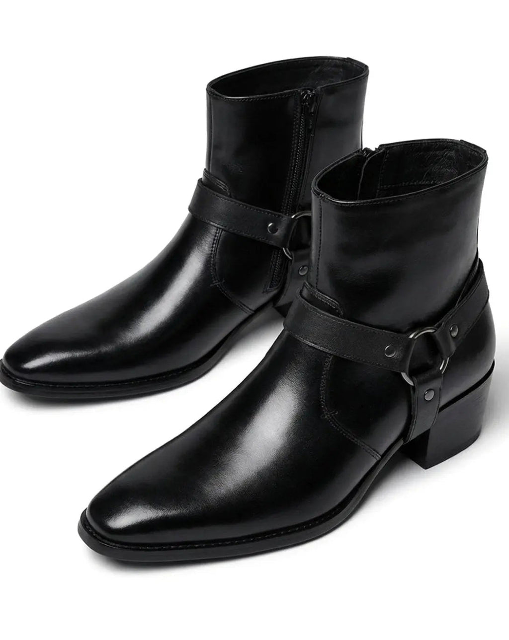 Dalton | Men's Pointed-Toe Harness-Strap Block-Heel Vegan Leather Ankle Boots
