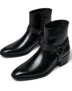 Dalton | Men's Pointed-Toe Harness-Strap Block-Heel Vegan Leather Ankle Boots