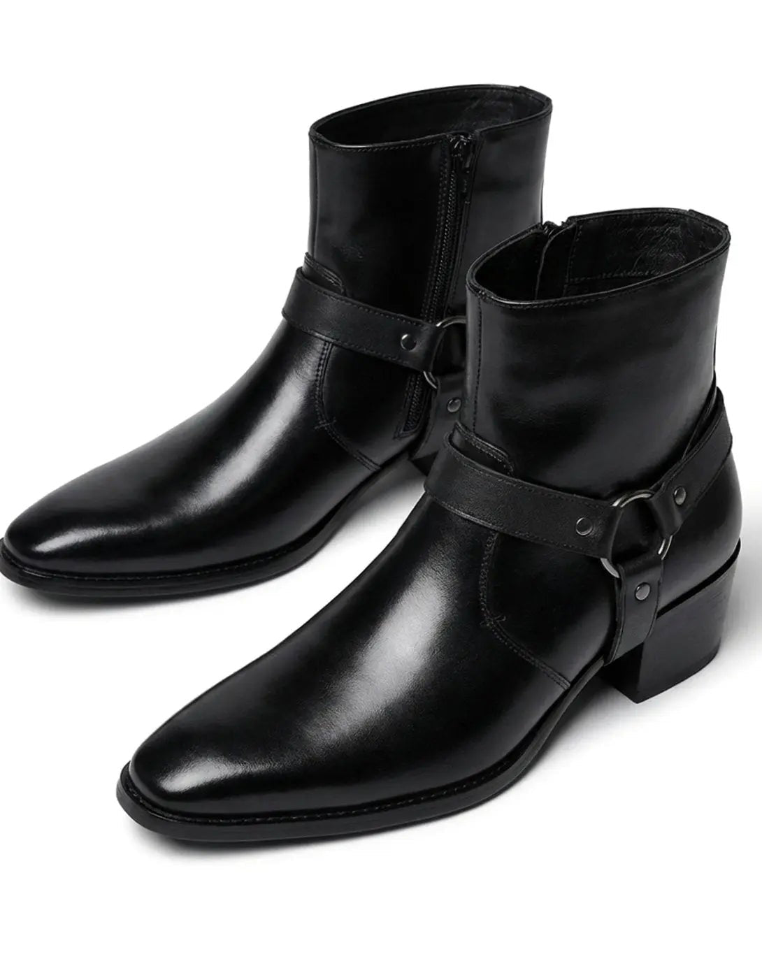 Dalton | Men's Pointed-Toe Harness-Strap Block-Heel Vegan Leather Ankle Boots
