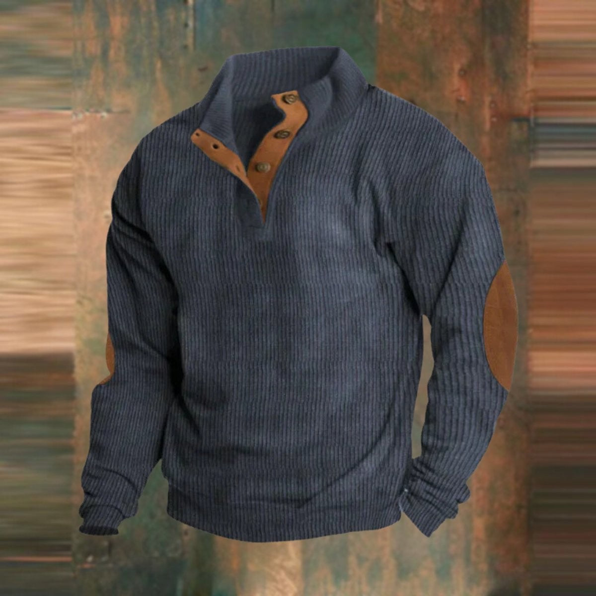 Fletcher | Men's Ribbed Elbow-Patch Snap-Placket Henley Jumper