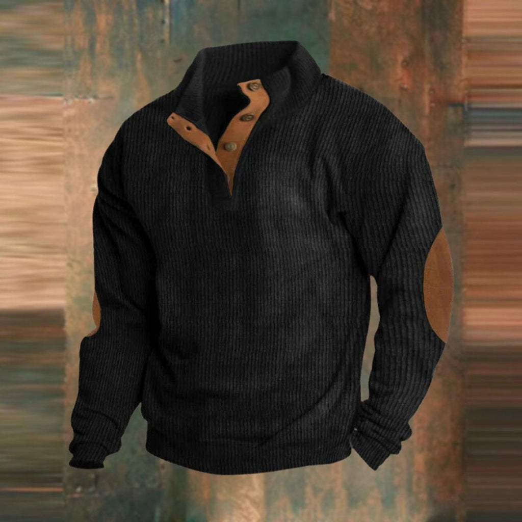Fletcher | Men's Ribbed Elbow-Patch Snap-Placket Henley Jumper