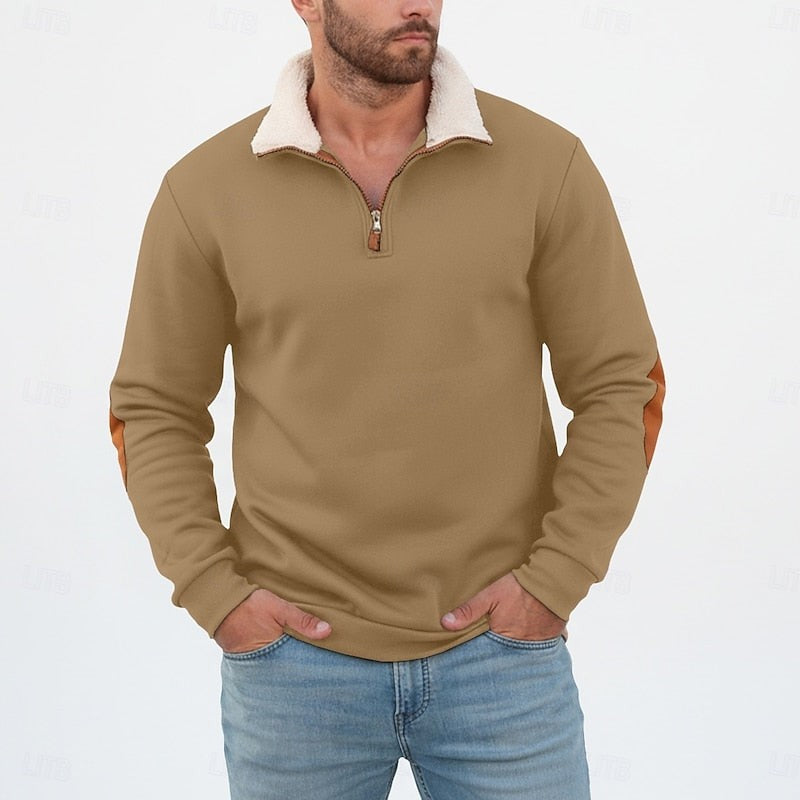 Preston | Men's Standing-Collar Contrast Elbow-Patch Quarter-Zip Jumper