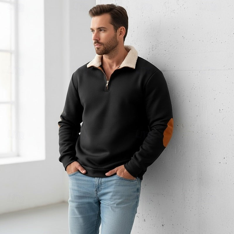 Preston | Men's Standing-Collar Contrast Elbow-Patch Quarter-Zip Jumper