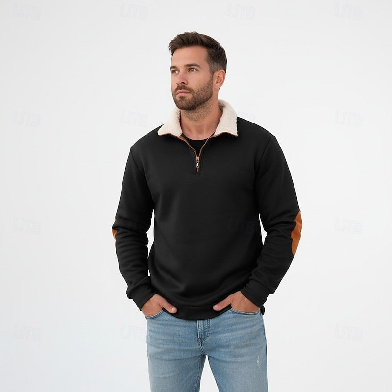 Preston | Men's Standing-Collar Contrast Elbow-Patch Quarter-Zip Jumper