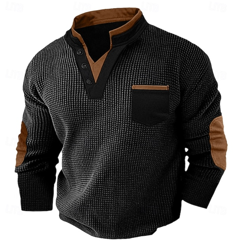 Hartley | Men's Textured Contrast-Trim Elbow-Patch Henley Jumper