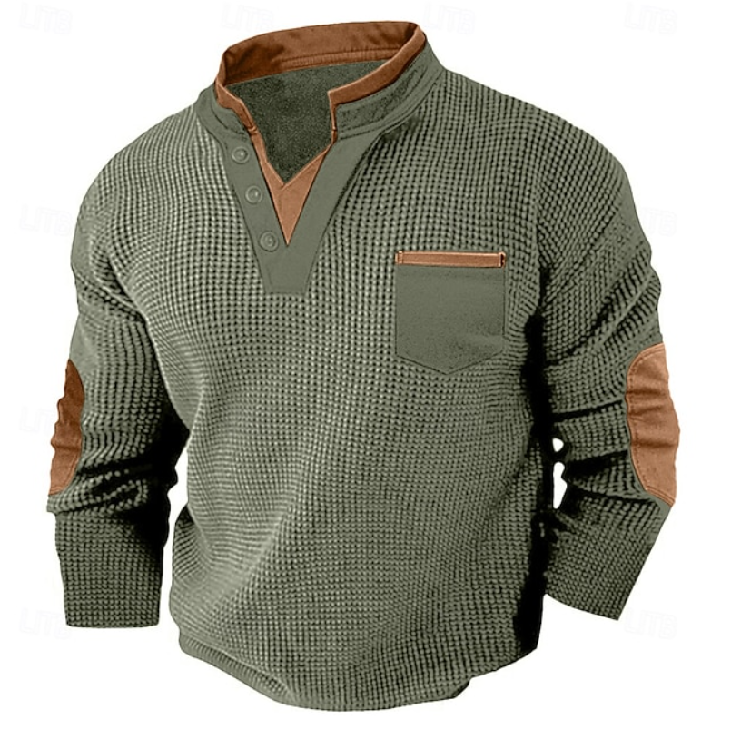 Hartley | Men's Textured Contrast-Trim Elbow-Patch Henley Jumper