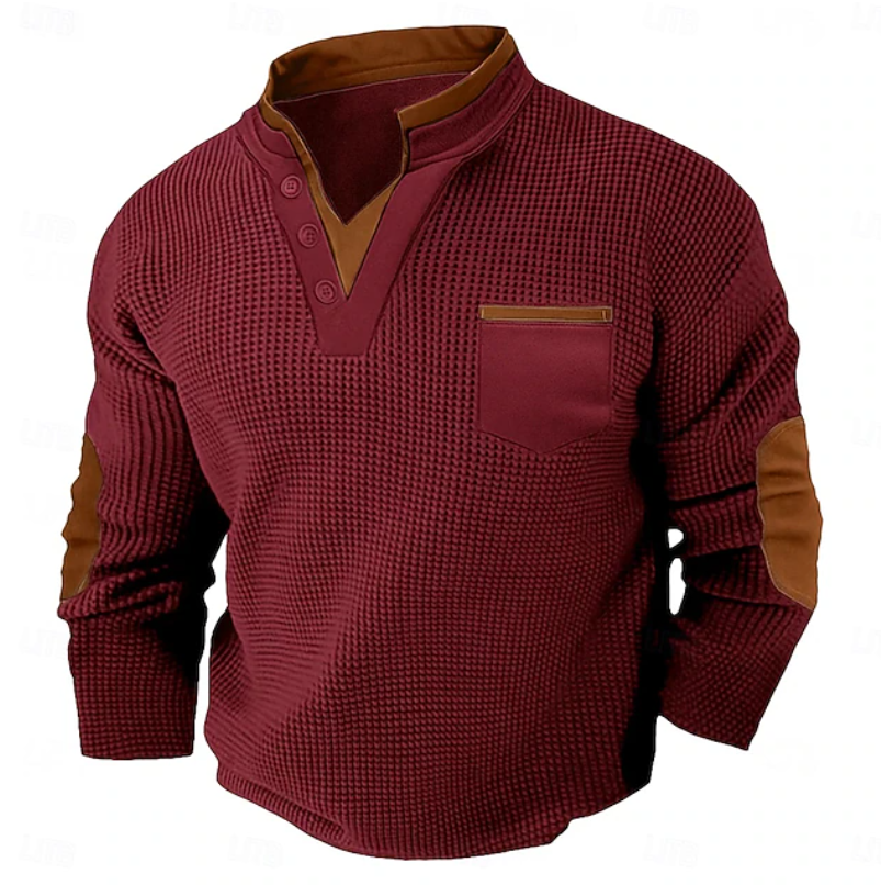Hartley | Men's Textured Contrast-Trim Elbow-Patch Henley Jumper