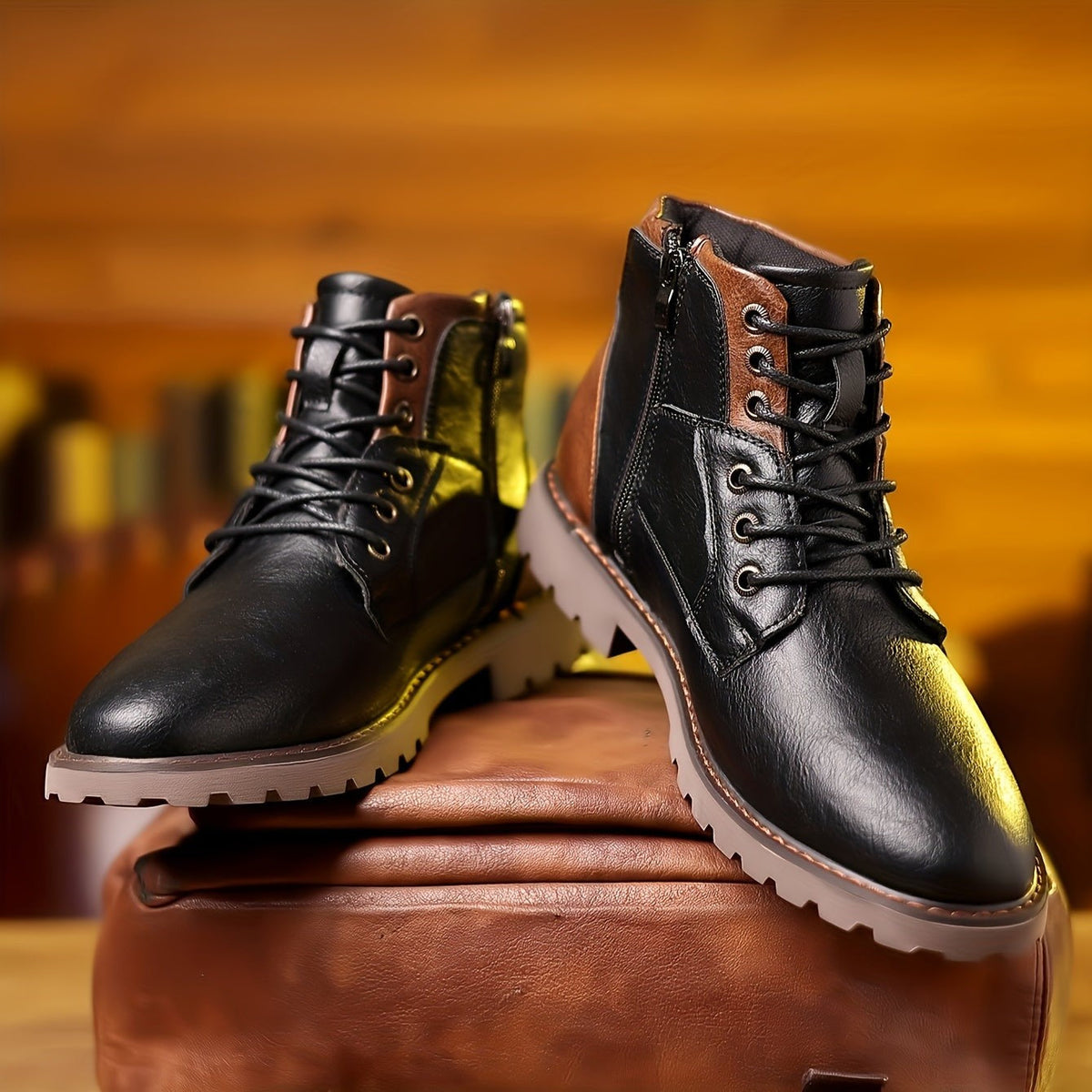 Hudson | Men's Two-Tone Lace-Up Side-Zip Vegan Leather Ankle Boots