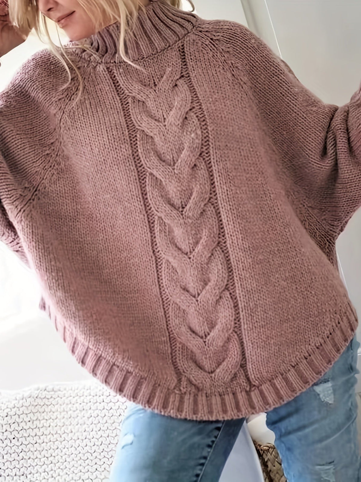 Maeve | Oversized Cable-Knit High-Neck Batwing-Sleeve Jumper
