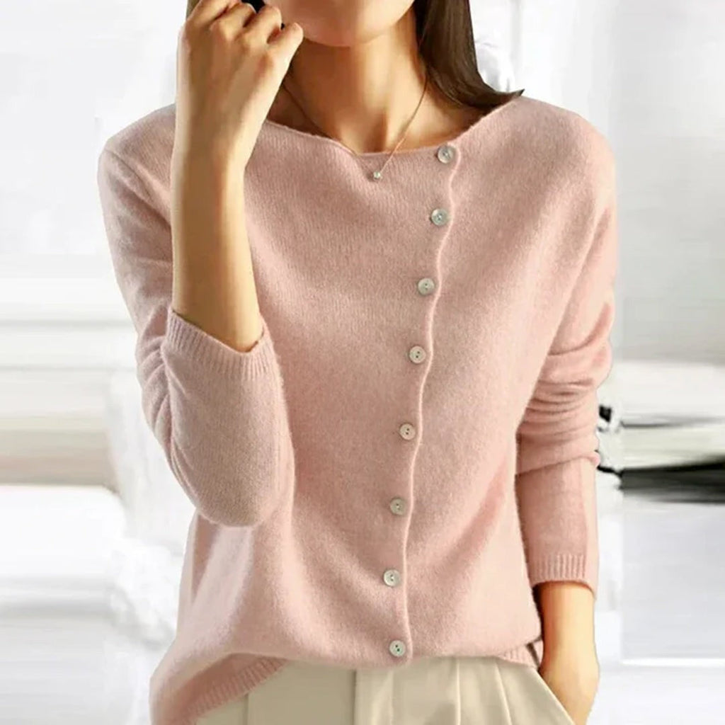 Elodie | Women's Asymmetric Button-Front Relaxed-Fit Hip-Length Jumper