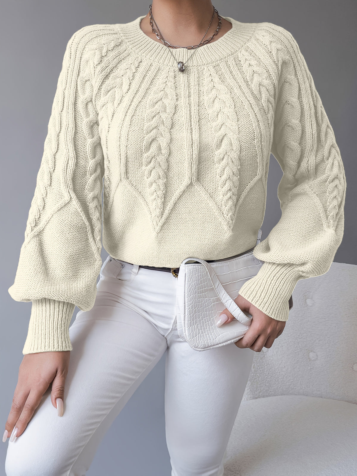 Elsie | Women's Cable-Knit Crew Neck Lantern Sleeve Cropped Winter Jumper