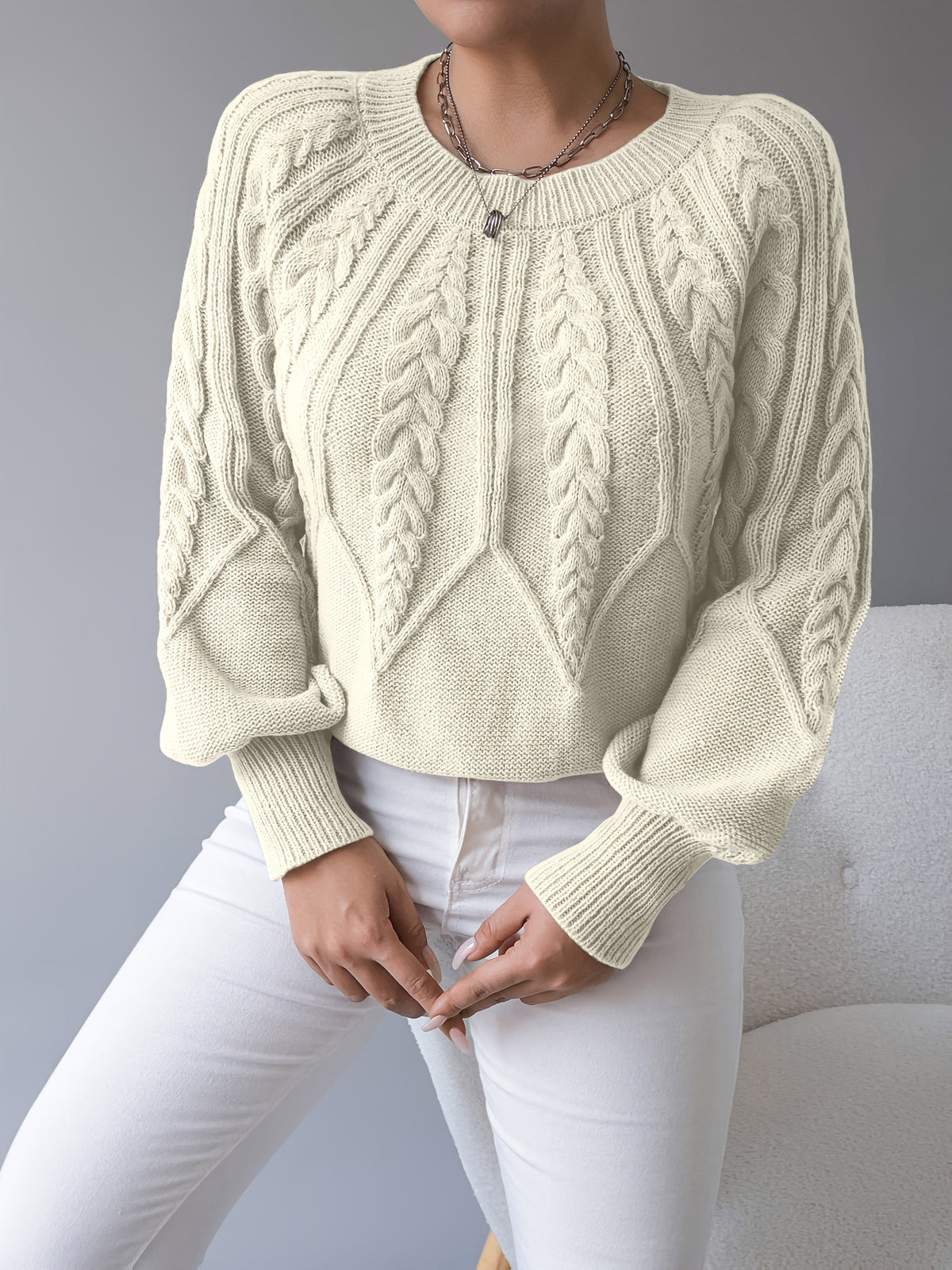 Elsie | Women's Cable-Knit Crew Neck Lantern Sleeve Cropped Winter Jumper