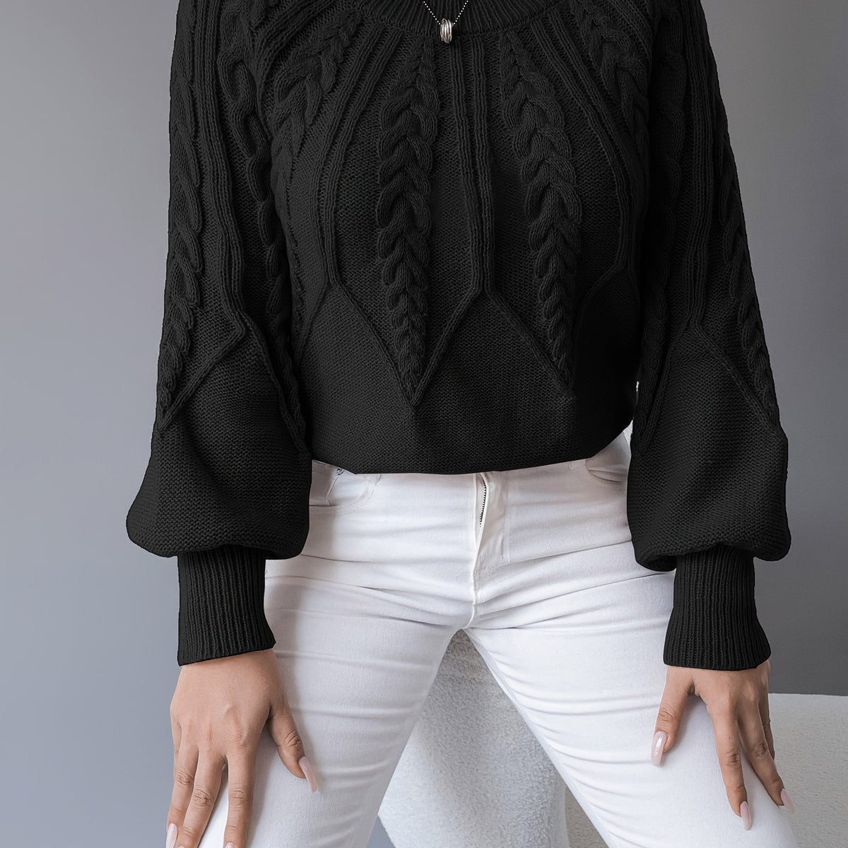 Elsie | Women's Cable-Knit Crew Neck Lantern Sleeve Cropped Winter Jumper
