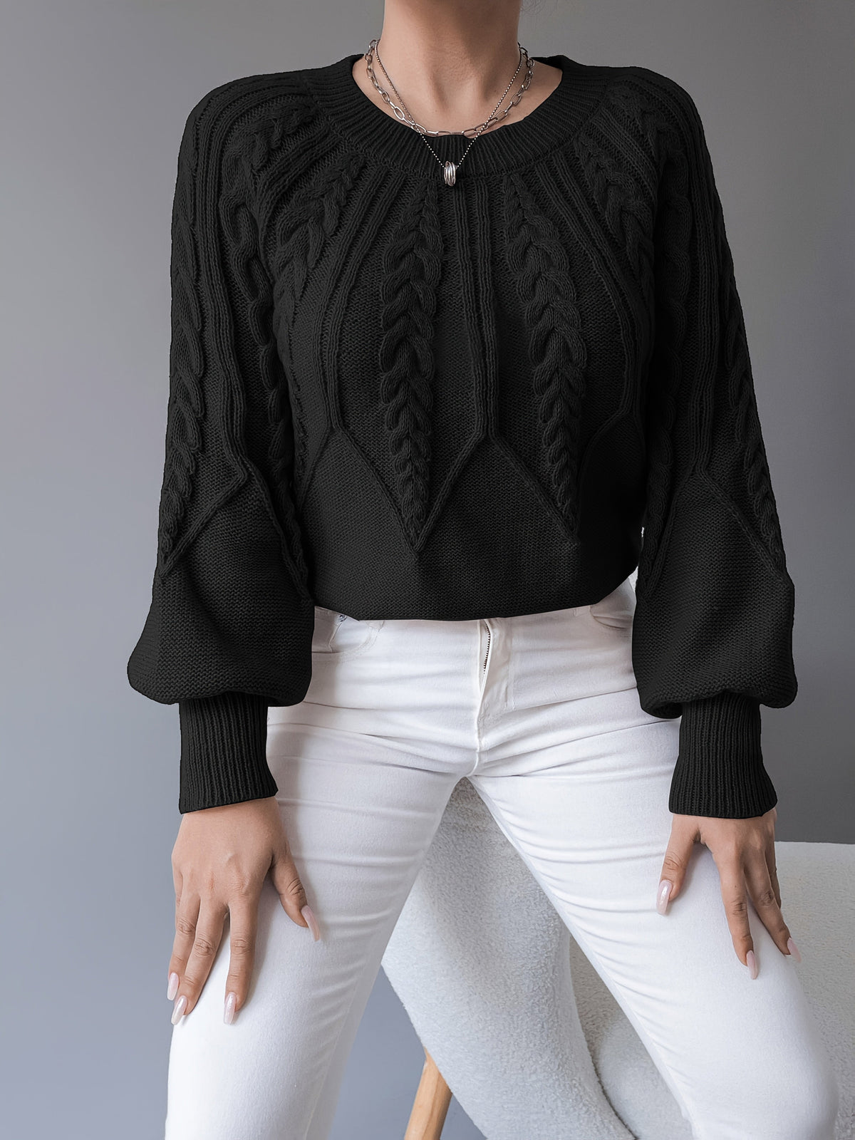 Elsie | Women's Cable-Knit Crew Neck Lantern Sleeve Cropped Winter Jumper