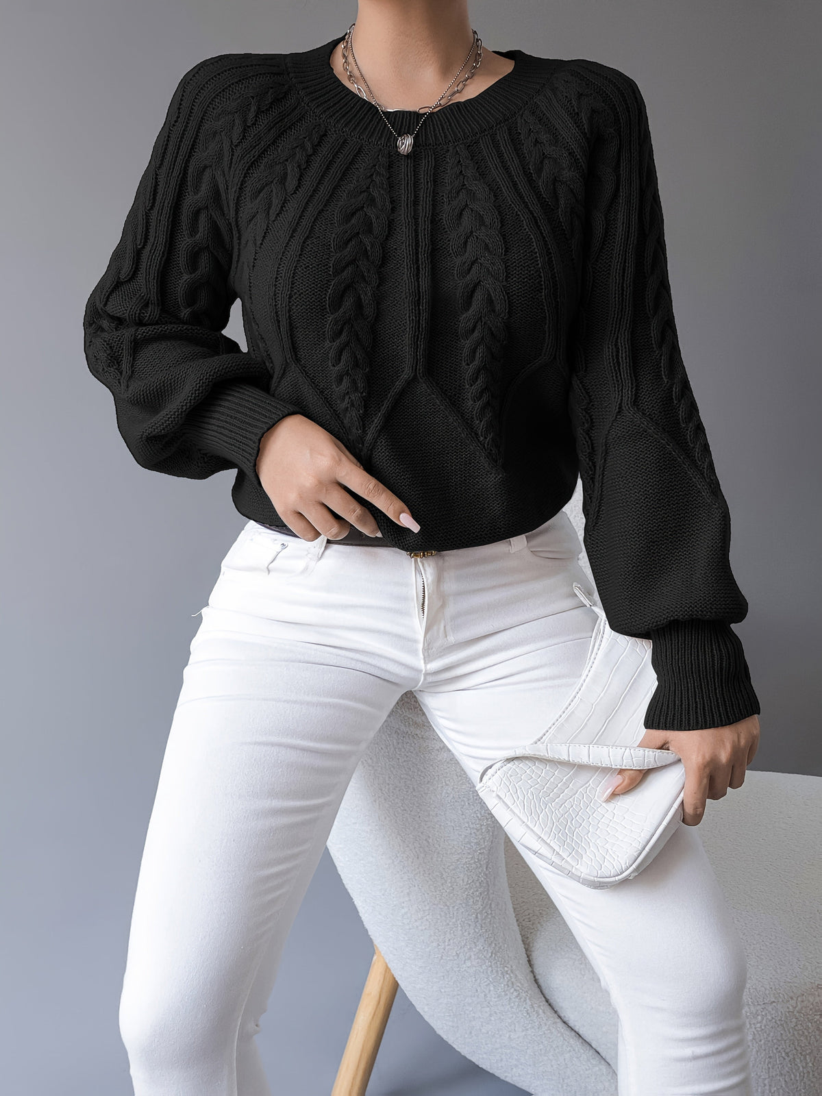 Elsie | Women's Cable-Knit Crew Neck Lantern Sleeve Cropped Winter Jumper