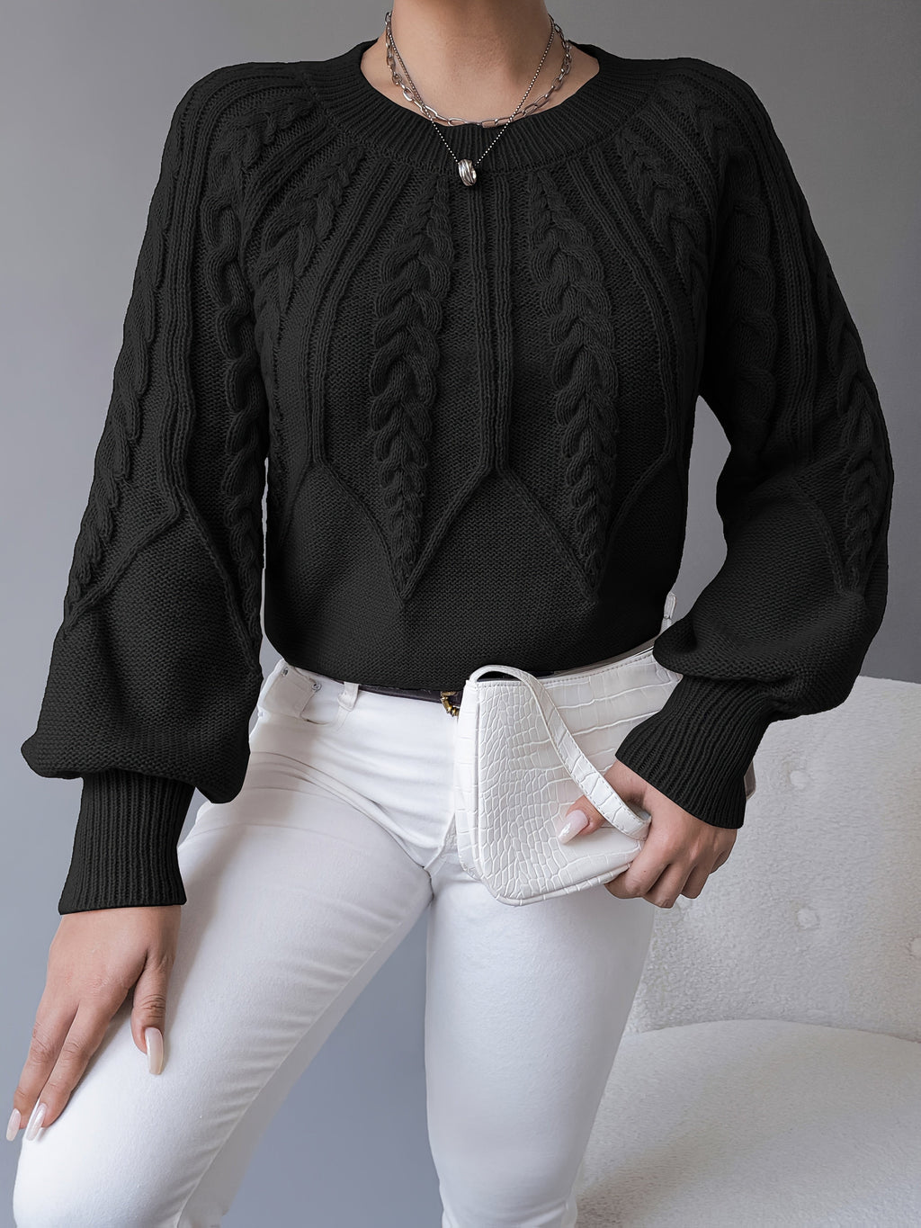 Elsie | Women's Cable-Knit Crew Neck Lantern Sleeve Cropped Winter Jumper