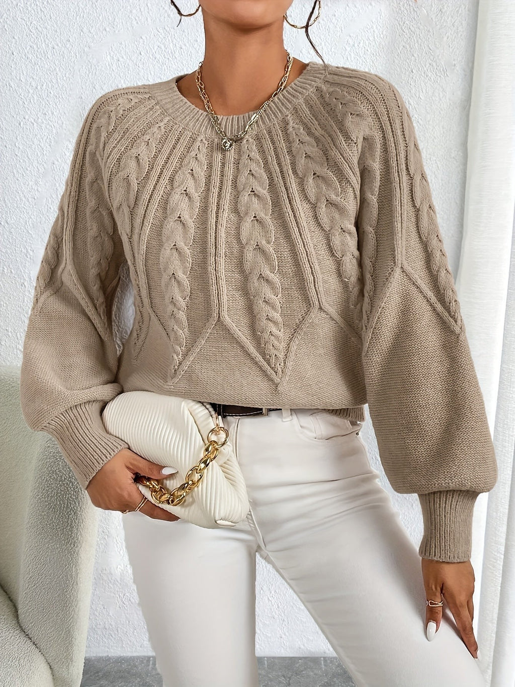 Elsie | Women's Cable-Knit Crew Neck Lantern Sleeve Cropped Winter Jumper