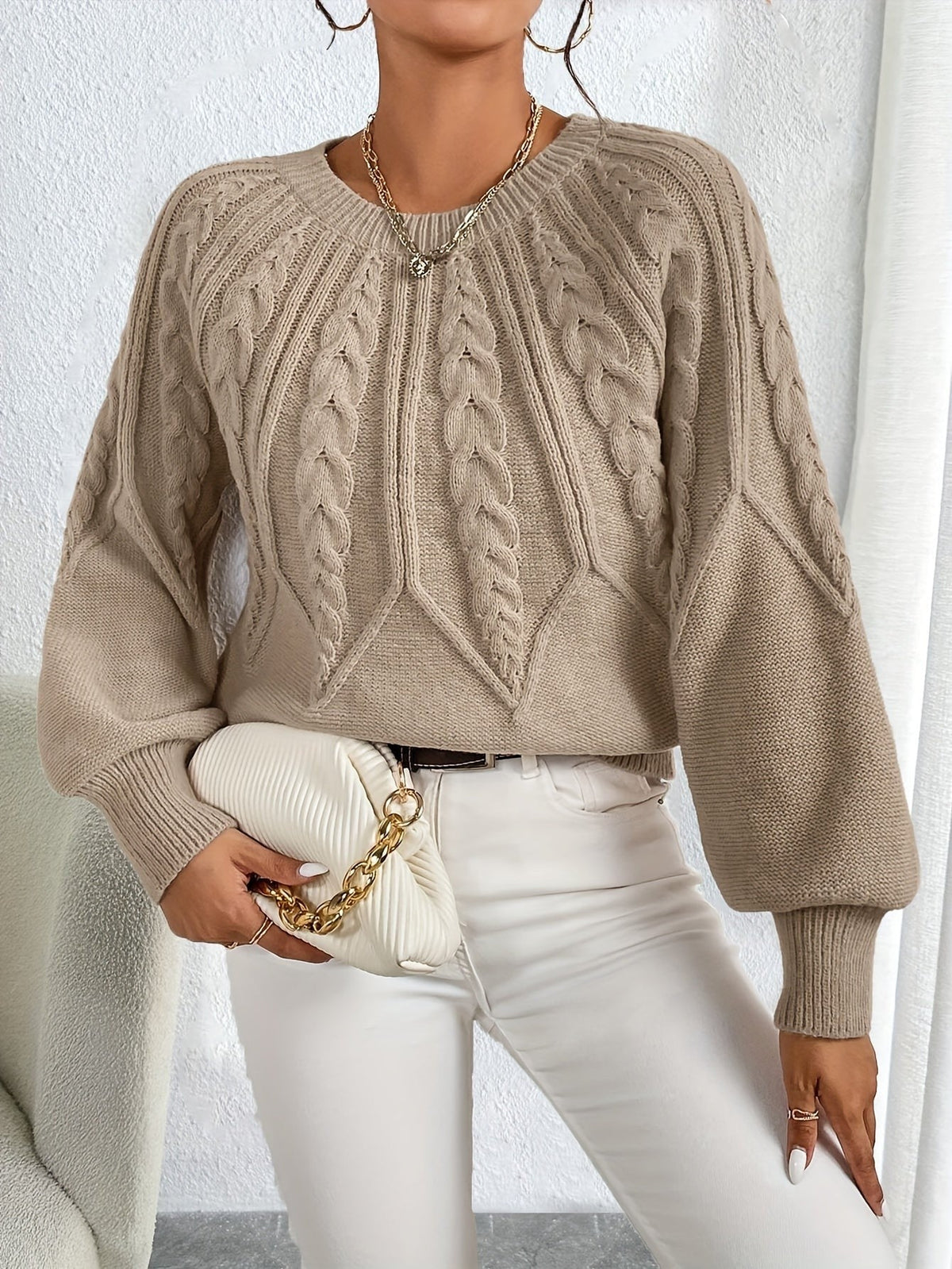 Elsie | Women's Cable-Knit Crew Neck Lantern Sleeve Cropped Winter Jumper