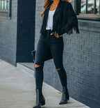 Sienna | Women's Cropped Boho Open-Front Notch-Lapel Moto Jacket